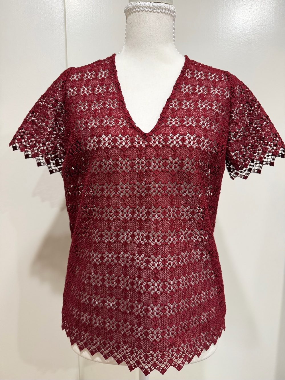 Sandro Lace V-Neck Short Sleeve Top - deep red